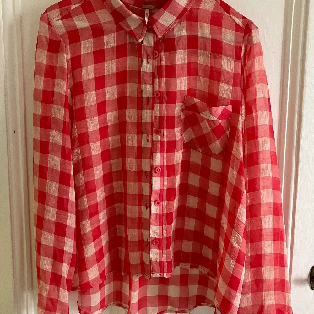 FREE PEOPLE sheer checked red and white blouse size S